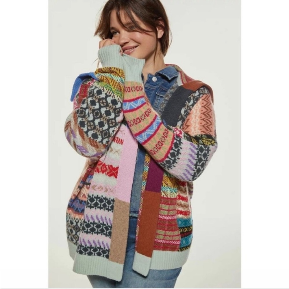 Anthropologie Patchwork Multicolor Knit Cardigan